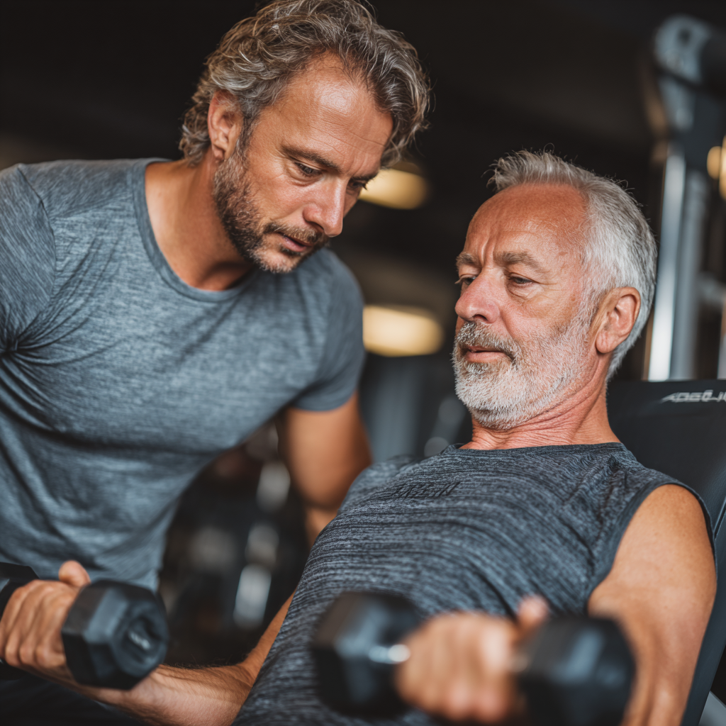 Персональний тренер 55 років працює з клієнтом того ж віку в спортзалі, показуючи правильну техніку виконання вправ