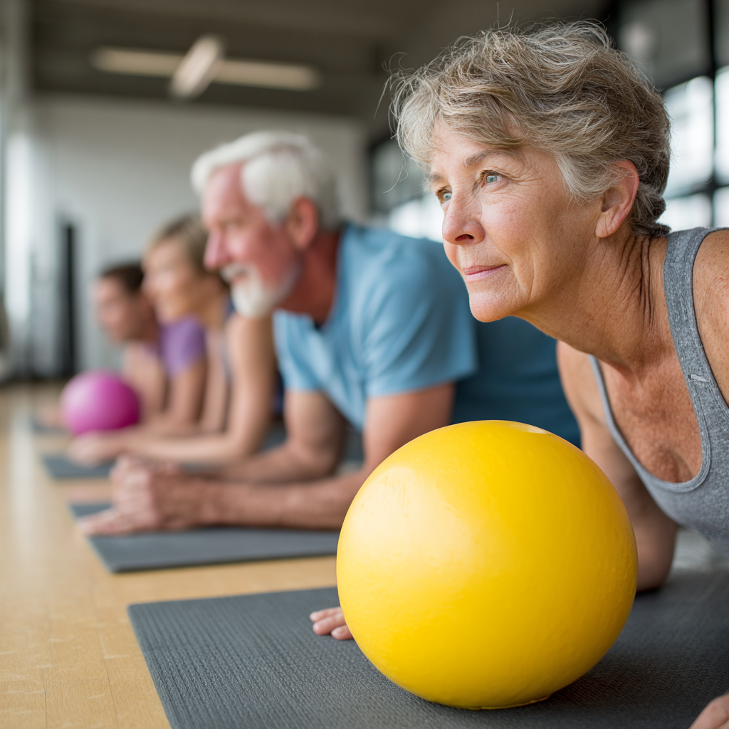 Група людей віком 50-60 років виконує функціональні вправи у світлому фітнес-залі
